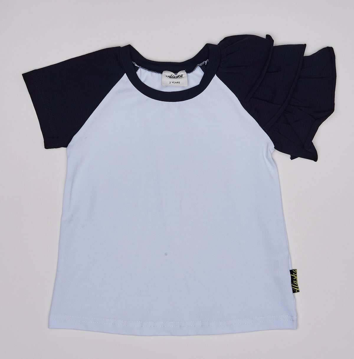 girls white and navy frill sleeve tee