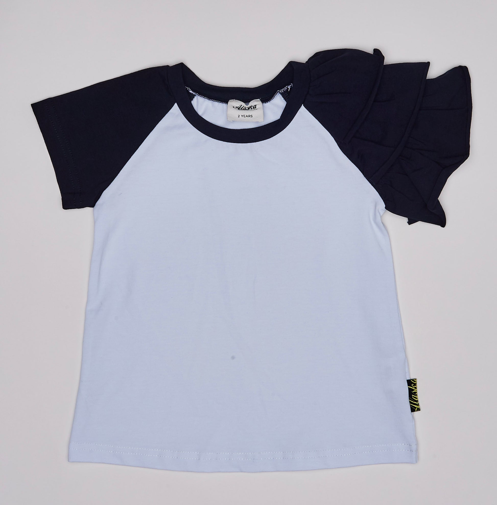 girls white and navy frill sleeve tee