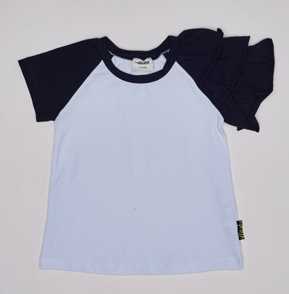 girls white and navy frill sleeve tee