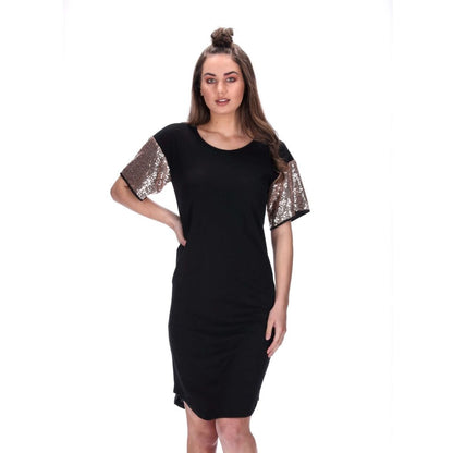black dress with rose gold sequin sleeves