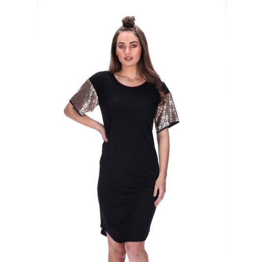black dress with rose gold sequin sleeves