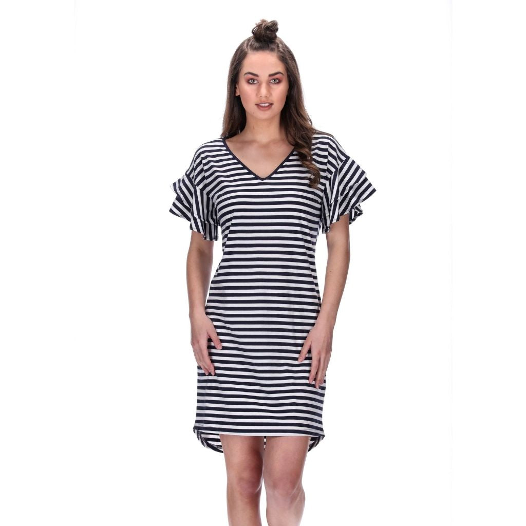 v-neck frill sleeve womens mini dress navy stripe