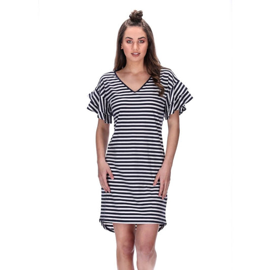 v-neck frill sleeve womens mini dress navy stripe
