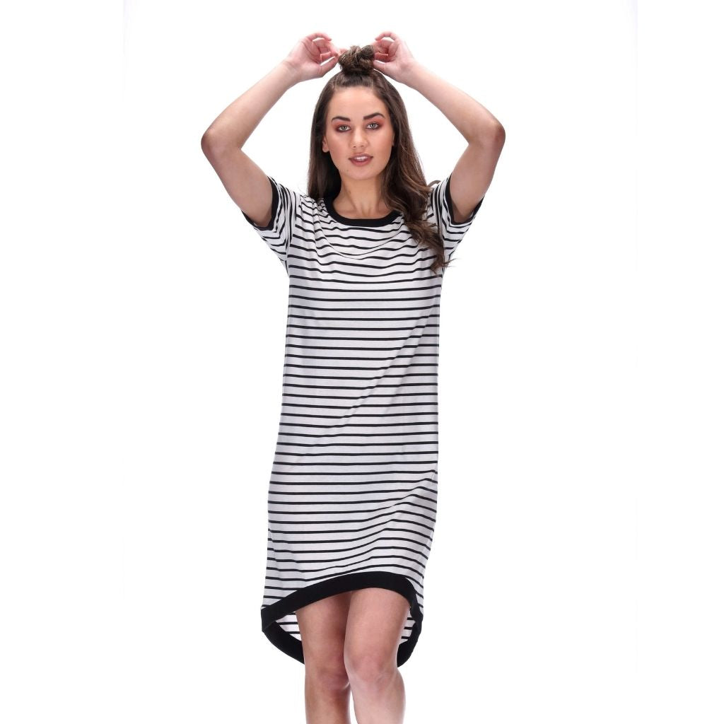 womens striped dress with scoop hem