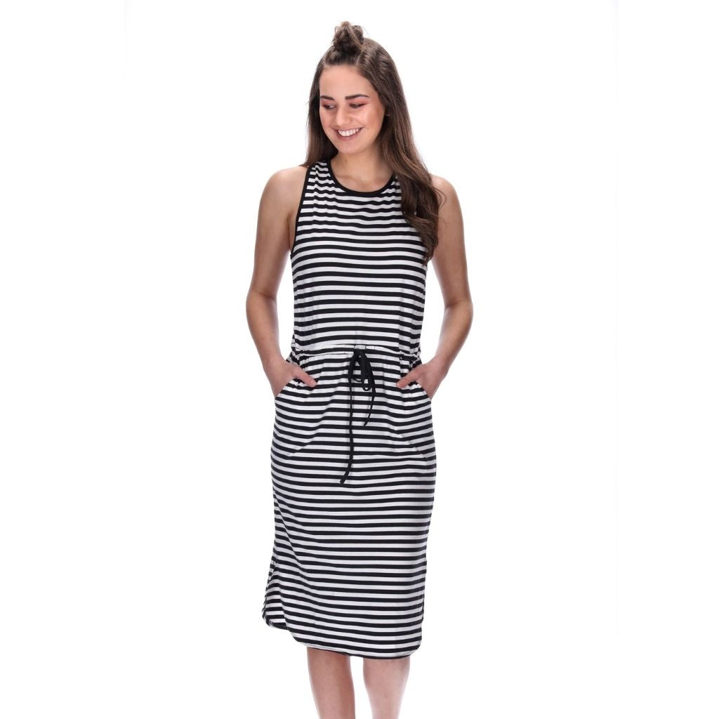womens drawstring black stripe dress