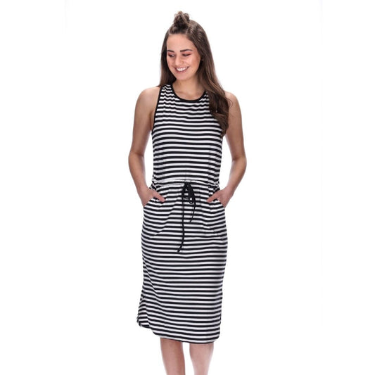 womens drawstring black stripe dress