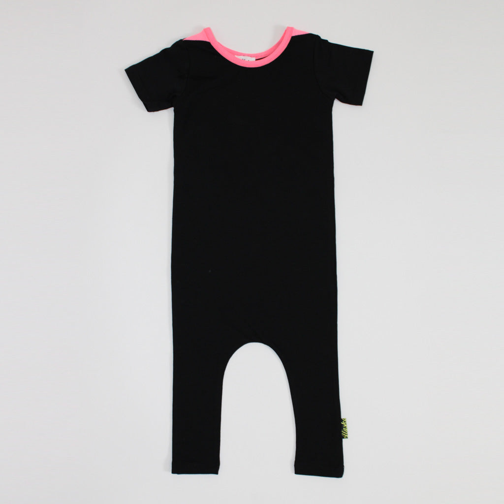 black and fluro pink baby romper