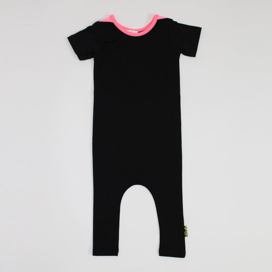 black and fluro pink baby romper