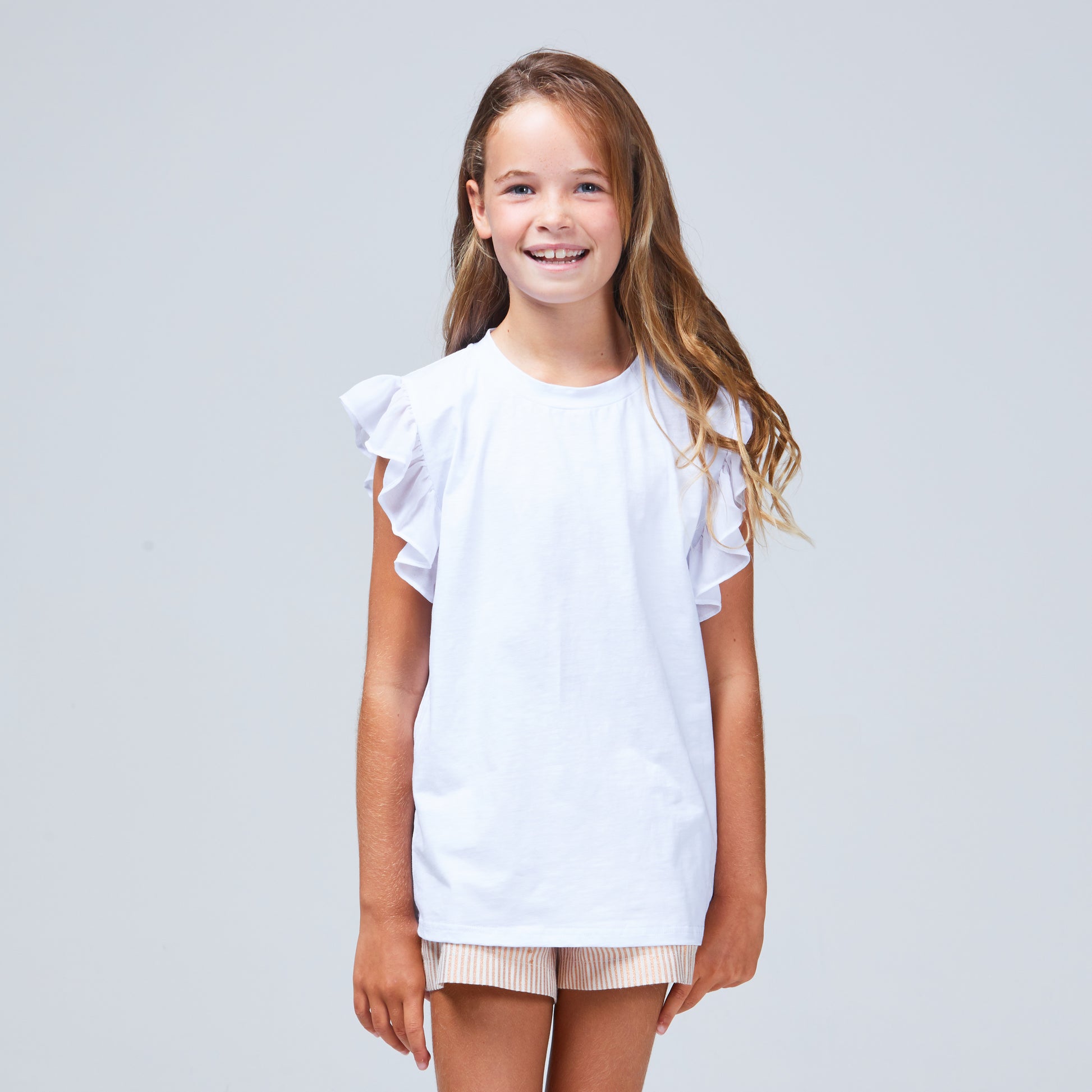 girls frill sleeve tee white