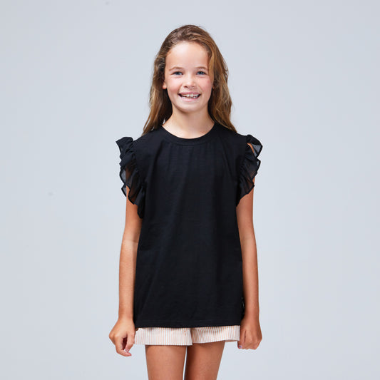 girls frill sleeve tee black