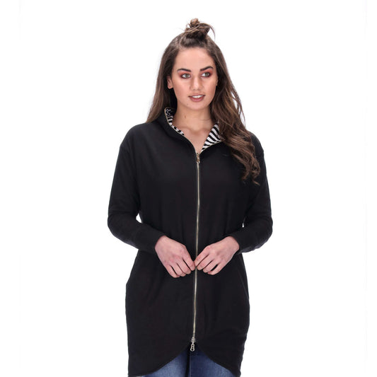 reversible black striped zip sweater women