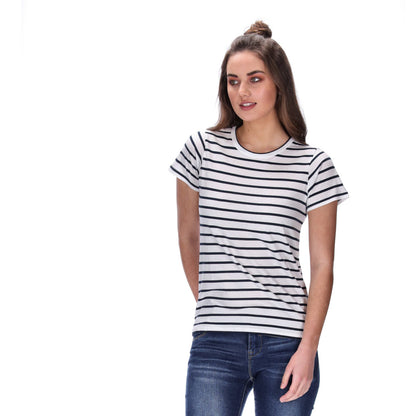 white and navy striped tee