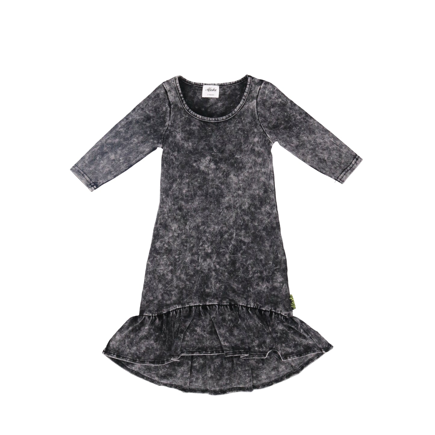 long sleeve frill hem kids dress stonewash