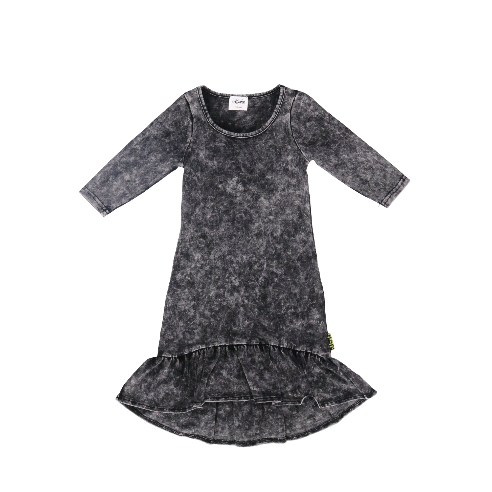 long sleeve frill hem kids dress stonewash