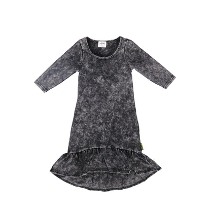 long sleeve frill hem kids dress stonewash