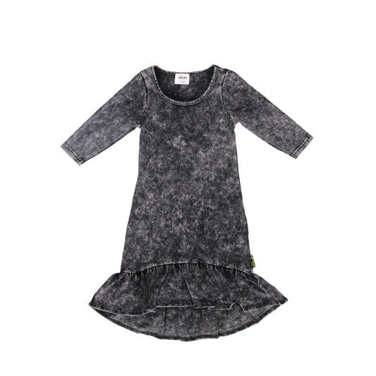 long sleeve frill hem kids dress stonewash