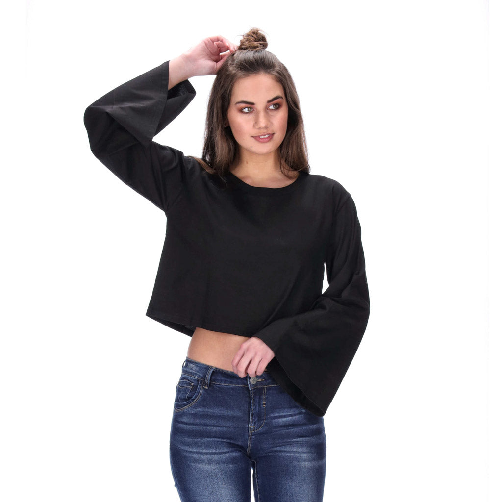 flared long sleeve womens top black