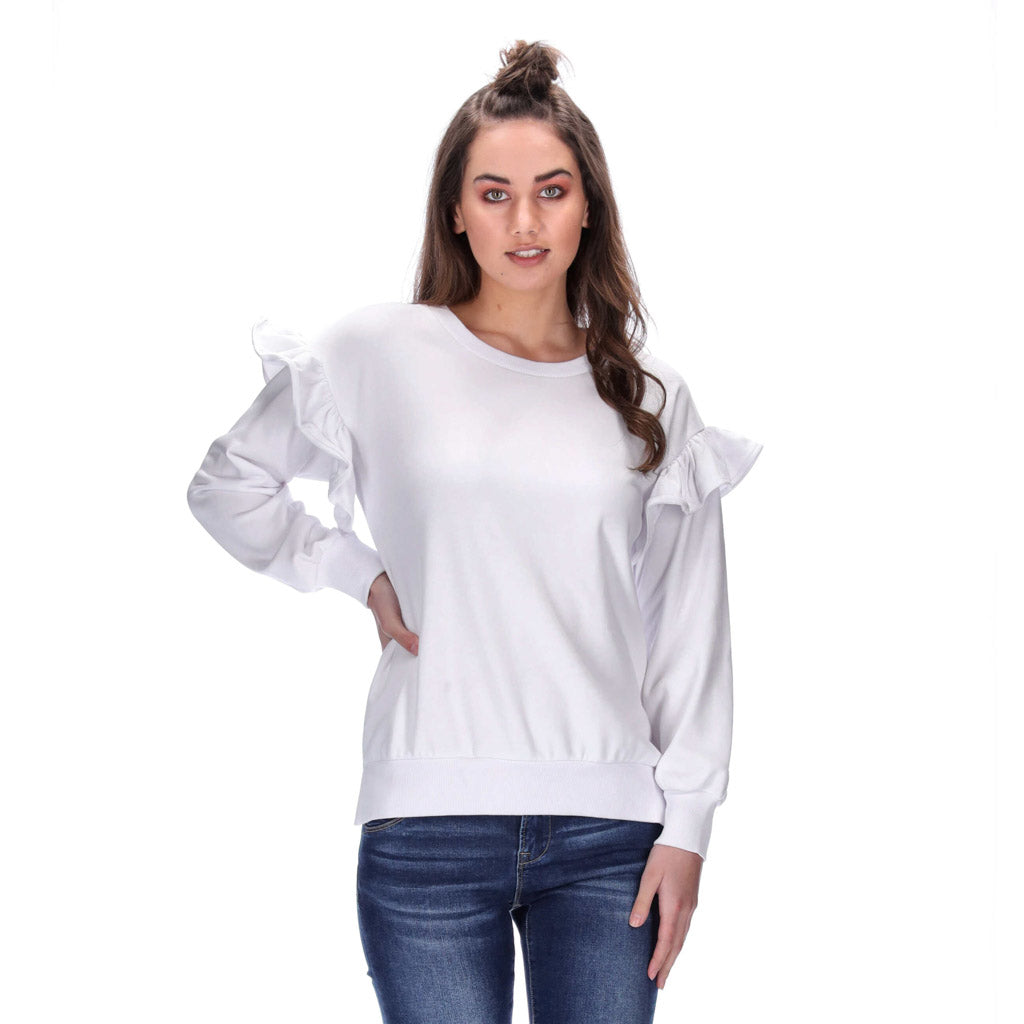 womens frill sleeve sweater white