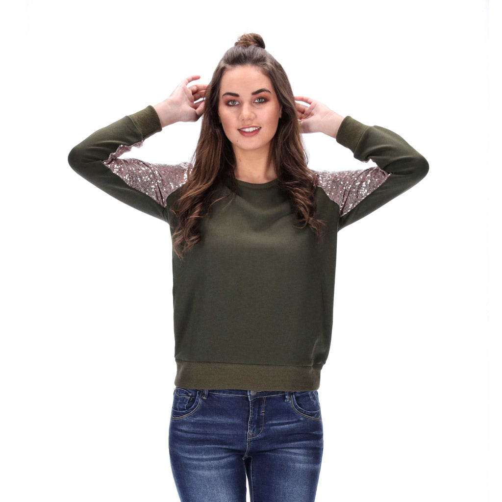rose gold sequin sleeved womens khaki sweater