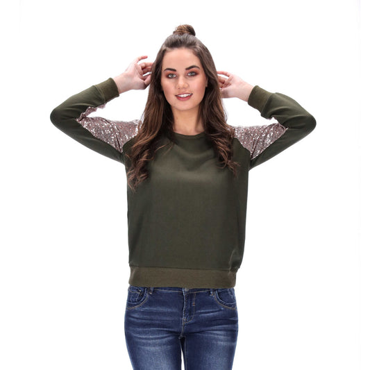 rose gold sequin sleeved womens khaki sweater