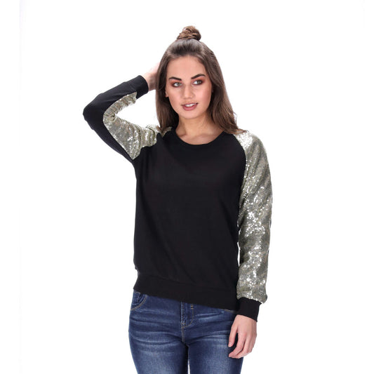 gold sequin sleeved womens black sweater
