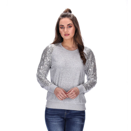 silver sequin sleeved womens grey sweater