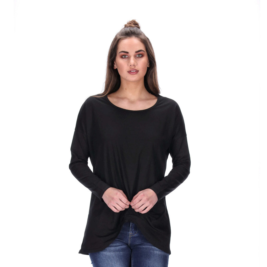 scrunched front wonens long sleeve black top