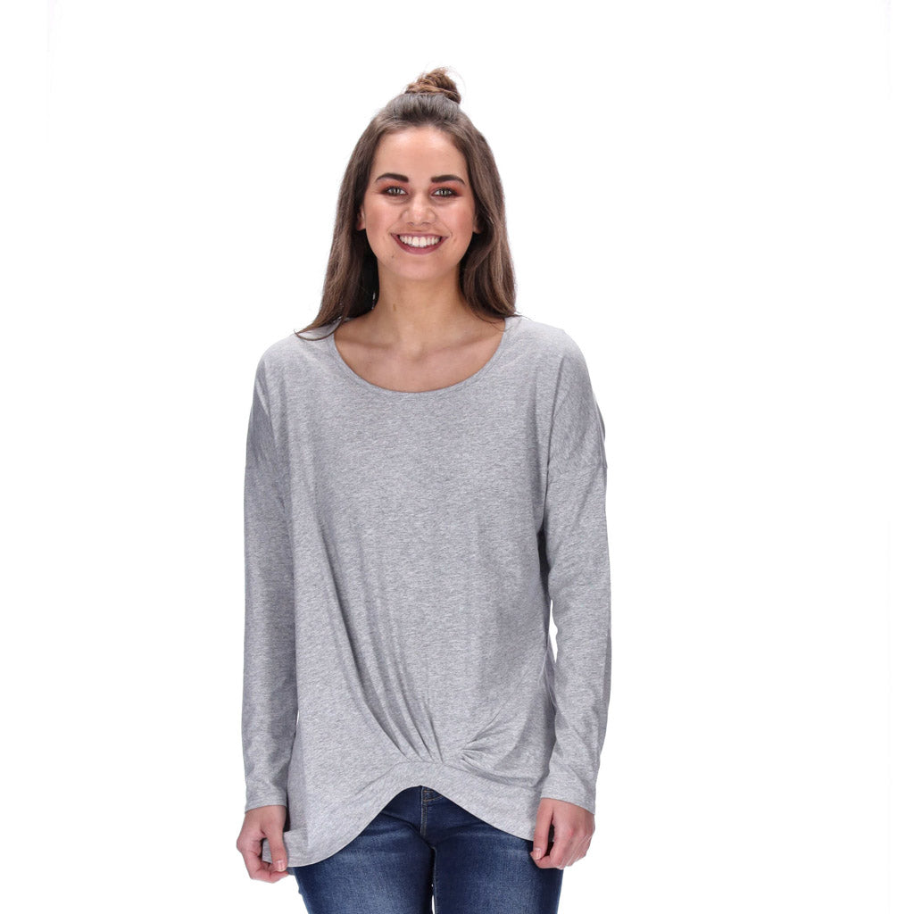 scrunched front wonens long sleeve grey marle top