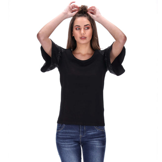 black cold shoulder tee with black sequin sleeves