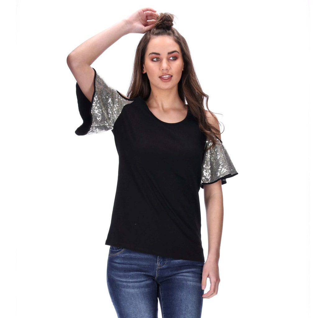 black cold shoulder tee with gold sequin sleeves