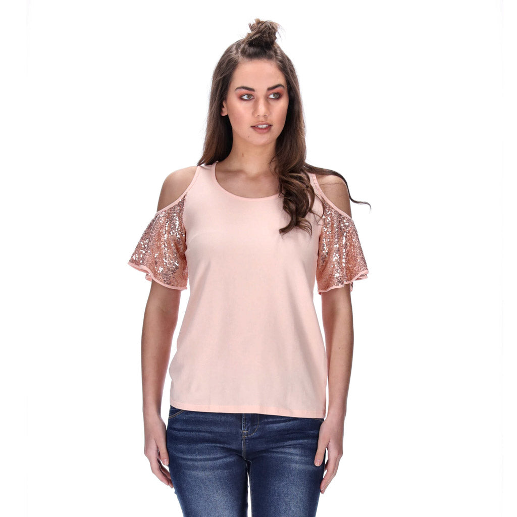 peach cold shoulder tee with rose gold sequin sleeves