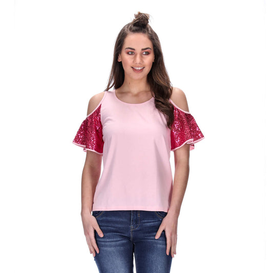 pink cold shoulder tee with pink sequin sleeves