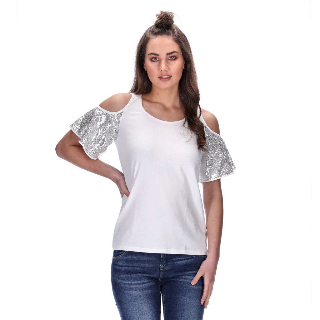 white cold shoulder tee with silver sequin sleeves