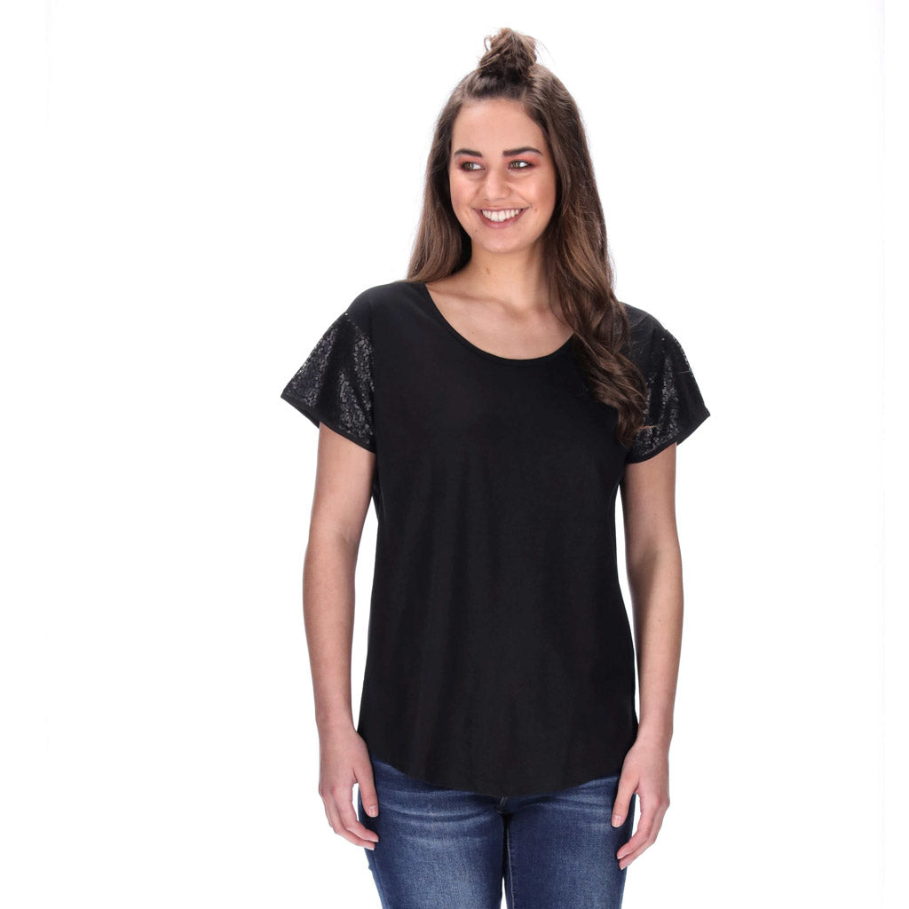 black basic tee with black sequin sleeves