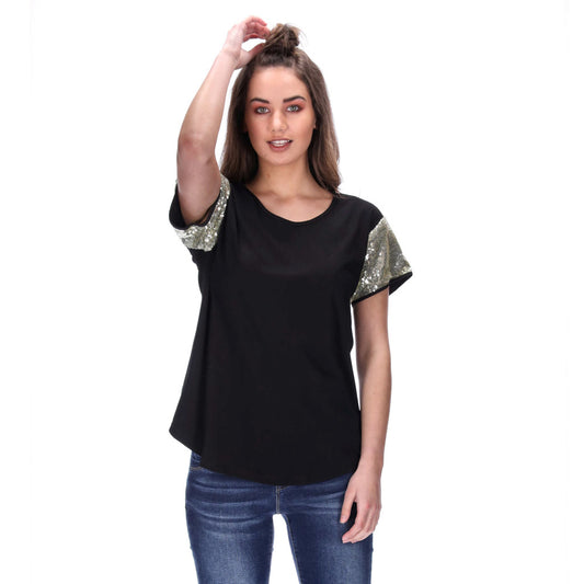black basic tee with gold sequin sleeves