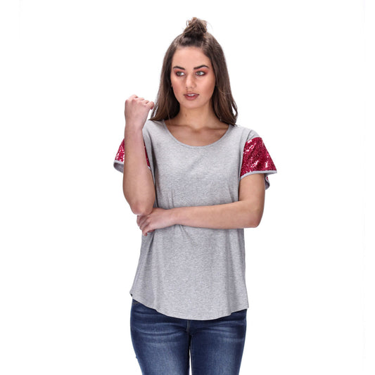grey basic tee with dark pink sequin sleeves