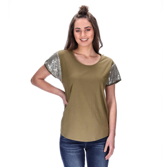 khaki basic tee with gold sequin sleeves