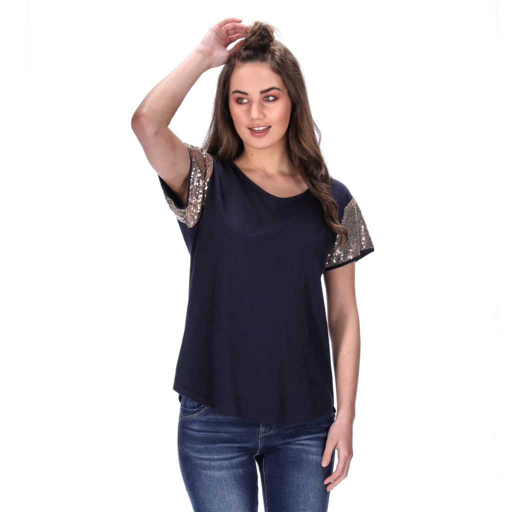 navy basic tee with rose gold sequin sleeves