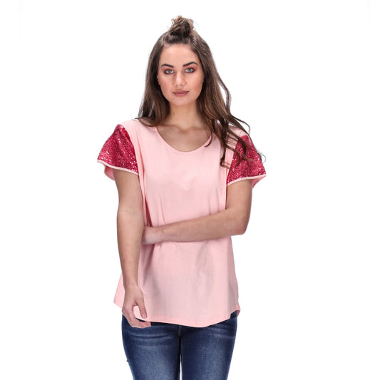 pink basic tee with pink sequin sleeevs
