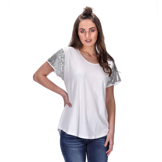 white basic tee with silver sequin sleeves