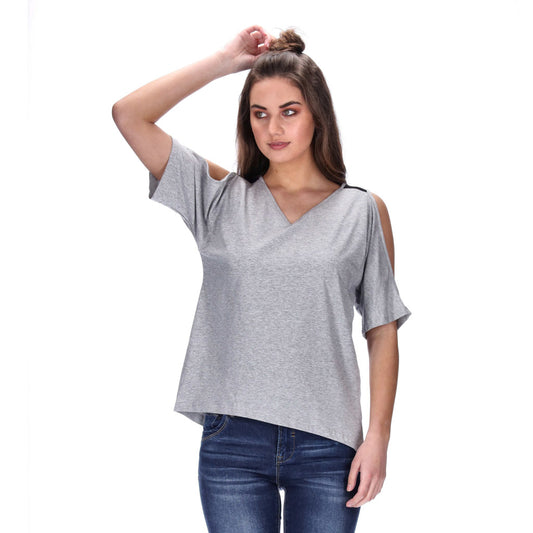 grey vneck cold shoulder womens tee