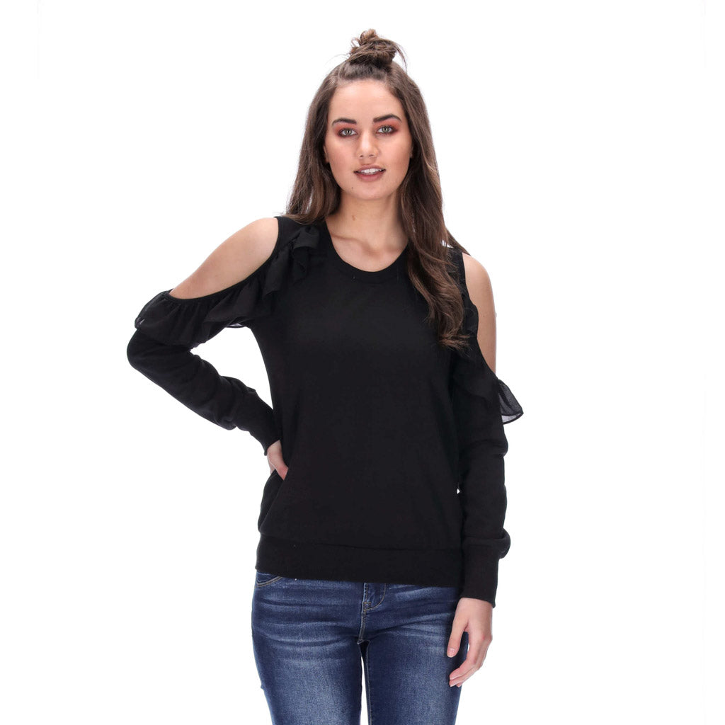 frilly cold shoulder sweater black