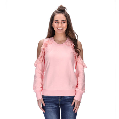 frilly cold shoulder sweater pink