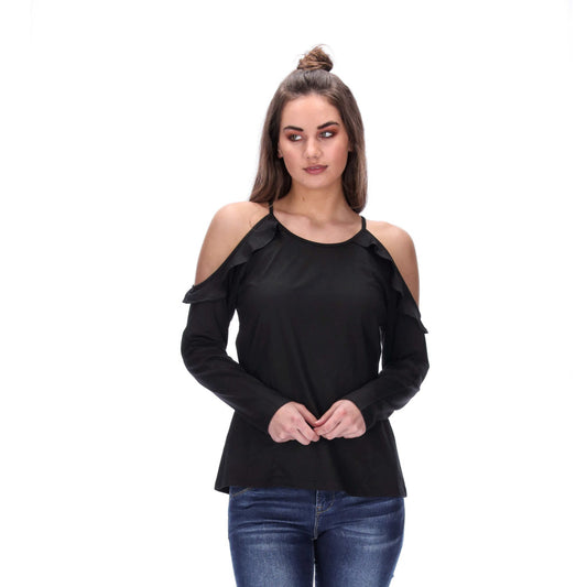 frilly cold shoulder top ] black