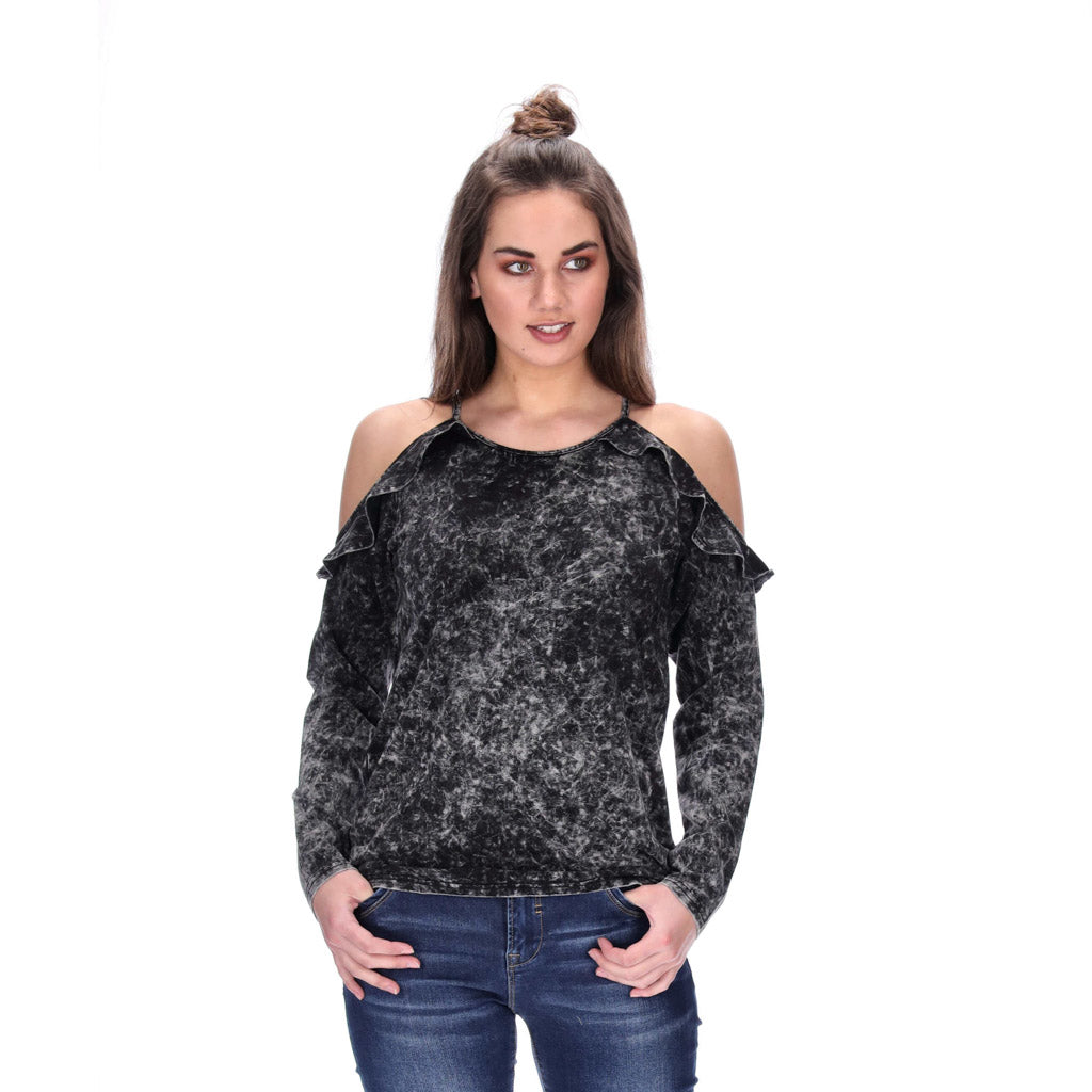 frilly cold shoulder top stonewash black