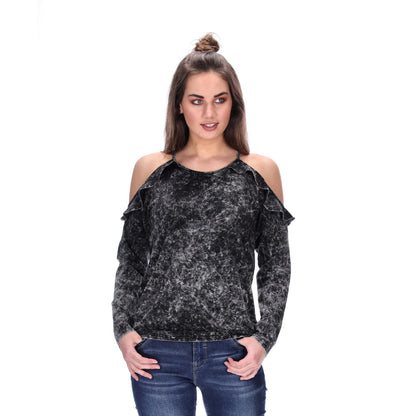 frilly cold shoulder top stonewash black