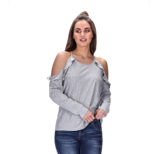 frilly cold shoulder top  grey marle