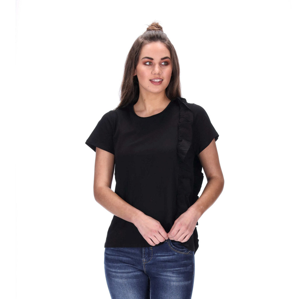 front frill black womens tee