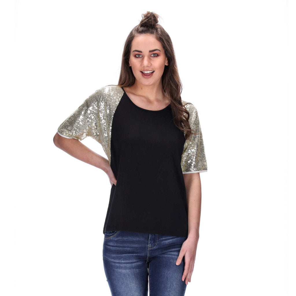 womens black tee with gold aequin sleeves