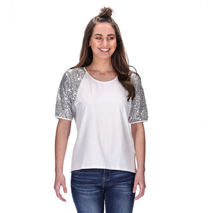 womens white tee with silver sequin sleeves